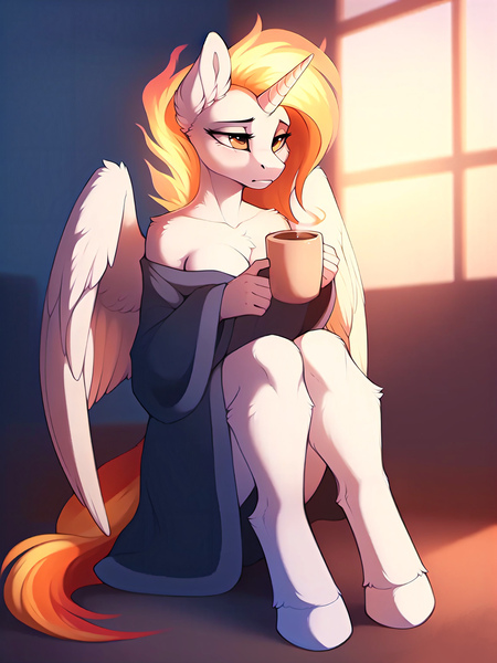 Size: 2304x3072 | Tagged: suggestive, ai content, derpibooru import, machine learning generated, stable diffusion, daybreaker, alicorn, anthro, unguligrade anthro, breasts, busty daybreaker, clothes, coffee, ear fluff, female, generator:easyfluff v11.2, image, jpeg, mane of fire, morning, mug, partially open wings, prompter:frostru, reasonably sized breasts, robe, sitting, sleepy, solo, tired, window, wings