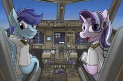 Size: 5406x3576 | Tagged: safe, artist:buckweiser, derpibooru import, starlight glimmer, oc, oc:sierra nightingale, pegasus, pony, unicorn, boeing 777, canon x oc, cockpit, female, image, looking at you, looking back, looking back at you, male, pilot, png