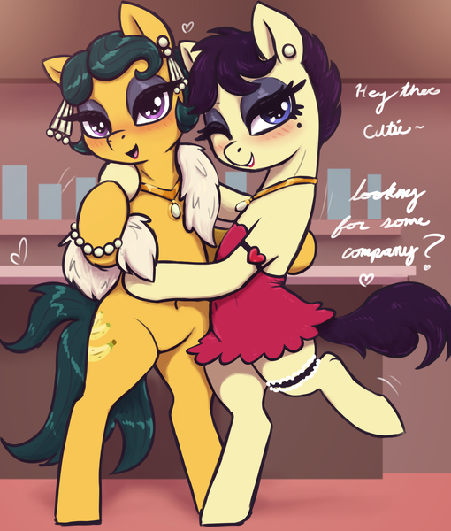 Size: 2550x3000 | Tagged: suggestive, artist:t72b, derpibooru import, betty hoof, cleopatra jazz, earth pony, pony, banana, beauty mark, bedroom eyes, belly button, bipedal, blushing, clothes, ear piercing, earring, embrace, eyeshadow, feather boa, female, flapper, food, image, jewelry, looking at you, makeup, mare, necklace, pearl, piercing, png, short hair, skirt, talking to viewer