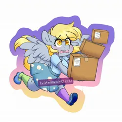 Size: 2160x2160 | Tagged: safe, artist:twisted-sketch, derpibooru import, derpy hooves, anthro, pegasus, plantigrade anthro, pony, clothes, cute, derpabetes, eyebrows, eyebrows visible through hair, female, image, jpeg, mare, mismatched socks, open mouth, outline, package, simple background, skirt, socks, solo, spread wings, wavy mouth, white background, wings
