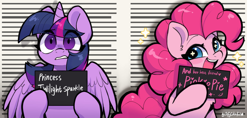 Size: 2156x1033 | Tagged: safe, artist:colorfulcolor233, derpibooru import, pinkie pie, twilight sparkle, twilight sparkle (alicorn), alicorn, earth pony, pony, barbie, barbie (film), barbie mugshot meme, chest fluff, cute, diapinkes, duo, duo female, ear fluff, eye clipping through hair, eyebrows, eyebrows visible through hair, female, frown, gritted teeth, hoof hold, image, jpeg, looking at you, mare, meme, mugshot, open mouth, parody, shrunken pupils, simple background, smiling, sparkles, spread wings, starry eyes, teeth, text, wide eyes, wingding eyes, wings, worried