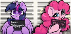 Size: 2156x1033 | Tagged: safe, artist:colorfulcolor233, derpibooru import, pinkie pie, twilight sparkle, twilight sparkle (alicorn), alicorn, earth pony, pony, barbie, barbie (film), barbie mugshot meme, chest fluff, cute, diapinkes, duo, duo female, ear fluff, eye clipping through hair, eyebrows, eyebrows visible through hair, female, frown, gritted teeth, hoof hold, image, jpeg, looking at you, mare, meme, mugshot, open mouth, parody, shrunken pupils, simple background, smiling, sparkles, spread wings, starry eyes, teeth, text, wide eyes, wingding eyes, wings, worried
