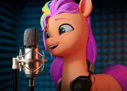 Size: 1502x1080 | Tagged: safe, artist:makaryo, derpibooru import, sunny starscout, earth pony, pony, g5, 3d, female, headphones, headphones around neck, image, irl, jpeg, mane stripe sunny, mare, microphone, open mouth, open smile, photo, ponies in real life, remake, smiling, solo