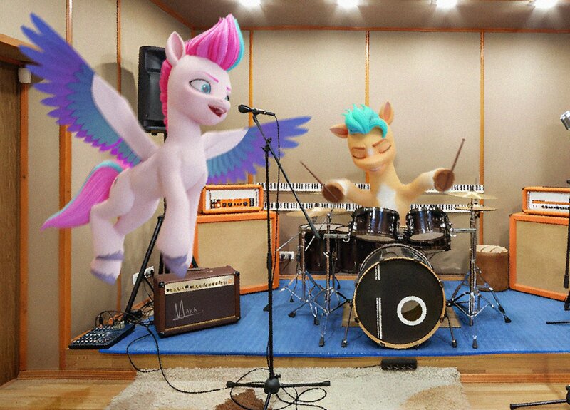 Size: 1502x1080 | Tagged: safe, artist:makaryo, derpibooru import, hitch trailblazer, zipp storm, earth pony, pegasus, pony, g5, 3d, amplifier, drum kit, drums, drumsticks, duo, eyes closed, female, hoof hold, image, irl, jpeg, magnetic hooves, male, mare, microphone, musical instrument, photo, ponies in real life, remake, spread wings, stallion, wings