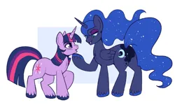 Size: 1112x669 | Tagged: safe, artist:lulubell, derpibooru import, princess luna, twilight sparkle, alicorn, pony, unicorn, butt, chest fluff, colored hooves, ethereal hair, ethereal mane, ethereal tail, eyeshadow, female, folded wings, image, lesbian, lidded eyes, light blue background, makeup, mare, missing accessory, nightmare luna, open mouth, passepartout, png, raised hoof, shipping, simple background, smiling, sparkly mane, sparkly tail, starry mane, starry tail, surprised, tail, twiluna, unicorn twilight, white background, wings