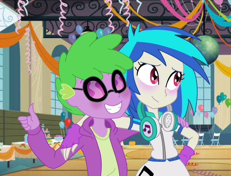 Size: 1442x1097 | Tagged: safe, artist:spike17, derpibooru import, spike, vinyl scratch, human, equestria girls, blushing, canterlot high, female, glasses, human spike, humanized, image, male, png, shipping, straight, vinylspike