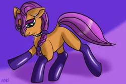 Size: 3072x2048 | Tagged: safe, artist:maonyman, derpibooru import, sunny starscout, earth pony, pony, g5, abstract background, bangs, bedroom eyes, braid, choker, clothes, collar, dock, ear piercing, earring, eyeshadow, female, goth, goth sunny, image, jewelry, lidded eyes, looking at you, makeup, mare, piercing, png, raised hoof, raised hooves, raised tail, smiling, smirk, socks, solo, spiked choker, spikes, tail