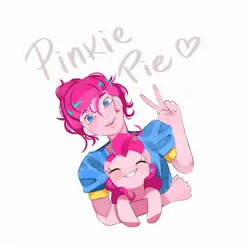 Size: 2000x2000 | Tagged: safe, artist:pascal571, derpibooru import, pinkie pie, earth pony, human, pony, blushing, cute, diapinkes, duo, eyes closed, female, grin, heart, human ponidox, humanized, image, jpeg, looking at you, mare, name, peace sign, self paradox, self ponidox, simple background, smiling, smiling at you, white background