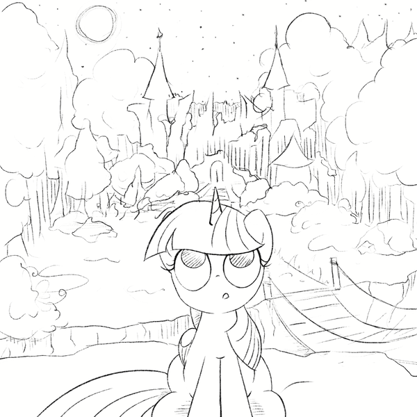 Size: 3000x3000 | Tagged: safe, artist:widelake, derpibooru import, twilight sparkle, twilight sparkle (alicorn), alicorn, bridge, castle of the royal pony sisters, everfree forest, female, forest, image, looking up, moon, nature, night, png, sitting, sketch, solo, stars, tree