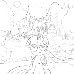 Size: 3000x3000 | Tagged: safe, artist:widelake, derpibooru import, twilight sparkle, twilight sparkle (alicorn), alicorn, bridge, castle of the royal pony sisters, everfree forest, female, forest, image, looking up, moon, nature, night, png, sitting, sketch, solo, stars, tree