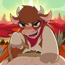 Size: 1913x1926 | Tagged: suggestive, artist:weirdotterdream, derpibooru import, cow, human, them's fightin' herds, arizona (tfh), bandana, blushing, chest hair, community related, human pov, image, looking at you, offscreen character, png, pov, rope, this is going to hurt