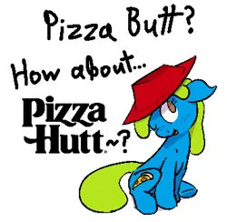 Size: 719x702 | Tagged: safe, artist:skookz, derpibooru import, oc, oc:pizza butt, unofficial characters only, earth pony, pony, blushing, female, hat, image, mare, one eye closed, pizza hut, png, simple background, sitting, solo, text, white background, wink