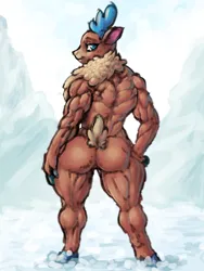 Size: 600x800 | Tagged: suggestive, artist:furry, artist:maistromanuel, derpibooru import, velvet reindeer, anthro, deer, reindeer, unguligrade anthro, them's fightin' herds, ass, back muscles, butt, community related, female, image, looking at you, looking back, looking back at you, muscles, muscular female, nudity, png, snow, solo, solo female