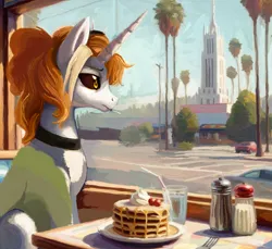 Size: 2000x1832 | Tagged: safe, artist:yidwags, derpibooru import, oc, oc:dyx, alicorn, pony, california, cigarette, diner, female, food, image, mare, older, older dyx, painterly, painting, palm tree, pancakes, png, sitting, solo, tree