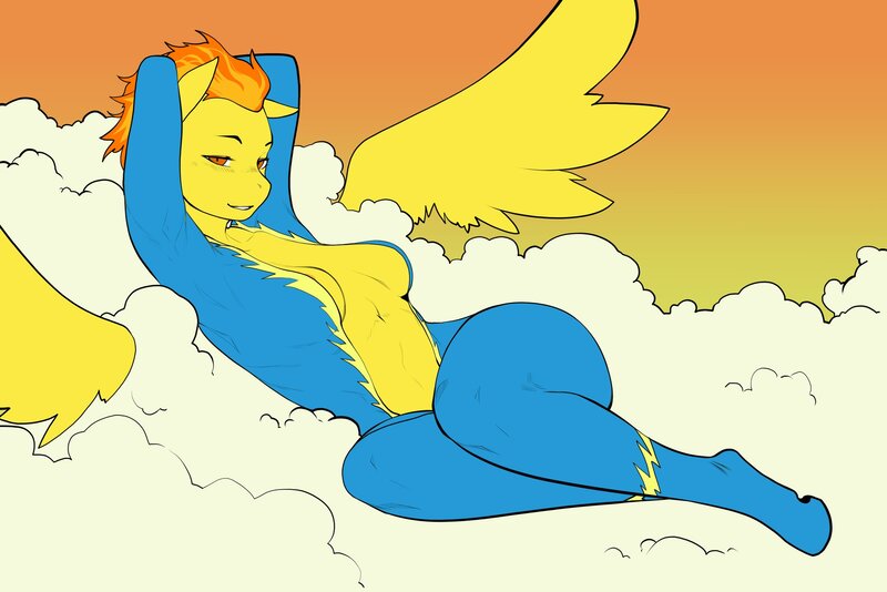 Size: 2048x1366 | Tagged: suggestive, artist:tipsie, derpibooru import, spitfire, anthro, pegasus, unguligrade anthro, absolute cleavage, arm behind head, belly button, blushing, bodysuit, breasts, cleavage, clothes, cloud, female, image, inner sideboob, jpeg, lidded eyes, lying down, lying on a cloud, on a cloud, open clothes, sideboob, skintight clothes, smiling, solo, solo female, spread wings, sultry pose, uniform, wings, wonderbolts uniform