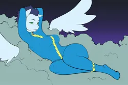 Size: 2048x1366 | Tagged: suggestive, artist:tipsie, derpibooru import, soarin', anthro, pegasus, unguligrade anthro, arm behind head, blushing, bodysuit, clothes, cloud, female, glide, image, jpeg, lidded eyes, lying down, lying on a cloud, on a cloud, rule 63, skintight clothes, smiling, solo, solo female, spread wings, sultry pose, uniform, wings, wonderbolts uniform
