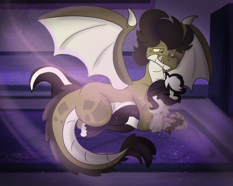 Size: 2500x2000 | Tagged: safe, artist:euspuche, derpibooru import, oc, oc:kindling the dragon, oc:zenawa skunkpony, unofficial characters only, dragon, earth pony, hybrid, pony, skunk, skunk pony, bedroom, claws, cuddling, dragon oc, dragon x pony, earth pony oc, eyes closed, fangs, gay, happy, holding, holding a dragon, holding a pony, holding each other, horns, hybrid oc, image, interspecies, love, lying down, male, males only, non-pony oc, oc x oc, paws, png, ponysub, prone, romance, romantic, shipping, side, smiling, snuggling, spread wings, tail, thick tail, unshorn fetlocks, wings
