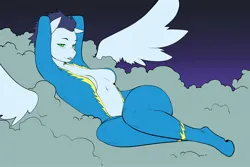 Size: 2048x1366 | Tagged: suggestive, artist:tipsie, derpibooru import, soarin', anthro, pegasus, unguligrade anthro, absolute cleavage, arm behind head, belly button, blushing, bodysuit, breasts, cleavage, clothes, cloud, female, glide, image, inner sideboob, jpeg, lidded eyes, lying down, lying on a cloud, on a cloud, open clothes, rule 63, sideboob, skintight clothes, smiling, solo, solo female, spread wings, sultry pose, uniform, wings, wonderbolts uniform