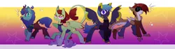 Size: 5120x1440 | Tagged: safe, artist:opossum-stuff, derpibooru import, oc, oc:bask, oc:nova glow, oc:patience, oc:star chased, unofficial characters only, alicorn, hippogriff, kirin, original species, pegasus, pony, shark, shark pony, 32:9, abstract background, alicorn oc, bomber jacket, clothes, denim, dorsal fin, eyewear, female, fin, fish tail, futa, gills, gradient background, group, herm, high res, hippogriff oc, horn, image, intersex, jacket, jeans, kirin oc, male, mare, pants, pegasus oc, png, quartet, science fiction, shark pony oc, shirt, stallion, tail, top, wallpaper, wings