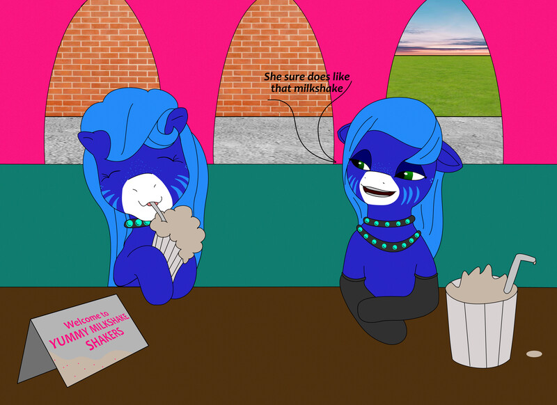 Size: 9800x7135 | Tagged: safe, artist:annette62, derpibooru import, oc, oc:annette (g1), oc:annette (lewdpone), unofficial characters only, earth pony, pegasus, pony, g1, g5, clothes, cute, drink, drinking glass, drinking straw, earth pony oc, female, females only, freckles, g1 oc, g5 oc, glass, image, jpeg, milkshake, pegasus oc, smiling, smirk, text, wings