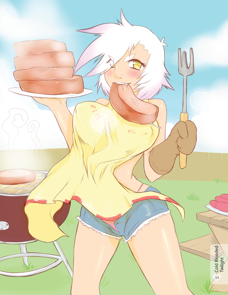 Size: 2550x3300 | Tagged: suggestive, artist:cold-blooded-twilight, gilda, human, art pack:my little sweetheart, art pack:my little sweetheart 3, apron, barbeque, big breasts, breasts, busty gilda, clothes, cooking, denim shorts, eating, female, food, grillda, humanized, image, jpeg, looking at you, meat, panties, pink underwear, shorts, solo, solo female, steak, thong, underwear