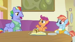Size: 1280x720 | Tagged: safe, derpibooru import, screencap, bow hothoof, scootaloo, windy whistles, pegasus, pony, parental glideance, female, filly, foal, freckles, hoof on cheek, image, male, mare, pasta and potato sandwich on sourdough, png, scrapbook, smiling, stallion, table, trio