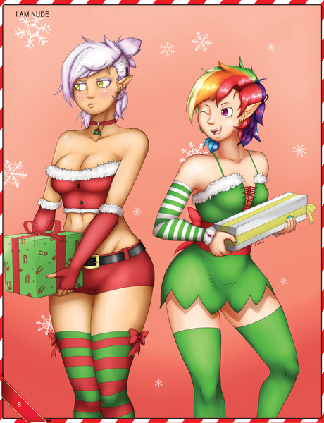 Size: 2585x3374 | Tagged: suggestive, artist:i am nude, gilda, rainbow dash, elf, human, art pack:my little sweetheart, art pack:my little sweetheart 5, abs, blushing, booty shorts, breasts, busty gilda, christmas, cleavage, elf costume, elf ears, female, females only, gondola (meme), holiday, humanized, image, jpeg, nail polish, one eye closed, present, stupid sexy gilda, stupid sexy rainbow dash, wink