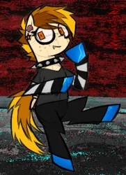 Size: 351x486 | Tagged: safe, artist:xxv4mp_g4z3rxx, derpibooru import, oc, oc:sand dollar, earth pony, pony, clothes, collar, ear piercing, eyeliner, fangs, image, long sleeved shirt, long sleeves, makeup, orange eyes, pants, piercing, png, shirt, signature, sitting, solo, spiked collar