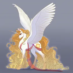 Size: 2048x2048 | Tagged: safe, artist:eljesala, derpibooru import, princess celestia, alicorn, pony, alternate design, concave belly, ethereal mane, female, gradient background, gradient mane, image, jpeg, large wings, long mane, long tail, mare, sash, smiling, solo, spread wings, tail, wings