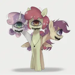Size: 1050x1036 | Tagged: safe, artist:alyachan13, derpibooru import, apple bloom, scootaloo, sweetie belle, cyclops, pony, biblically accurate angels, black goo, body horror, conjoined, creepy, cutie mark crusaders, fusion, image, jagged mouth, jewelry, jpeg, multiple heads, necklace, simple background, three heads, trio, we have become one