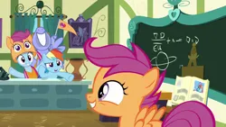 Size: 1280x720 | Tagged: safe, derpibooru import, screencap, bow hothoof, rainbow dash, scootaloo, windy whistles, pegasus, pony, parental glideance, chalkboard, cheering, cute, cutealoo, dashabetes, female, filly, flag, foal, grin, image, male, mare, open mouth, open smile, png, scootalove, scrapbook, smiling, stallion, window, windybetes