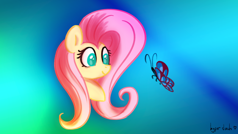 Size: 3840x2160 | Tagged: safe, artist:hyper dash, derpibooru import, fluttershy, butterfly, insect, pony, bust, female, gradient background, high res, image, looking at something, mare, png, portrait, smiling, solo