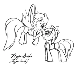 Size: 4000x3530 | Tagged: safe, artist:hyper dash, derpibooru import, braeburn, soarin', earth pony, pegasus, pony, boop, commission, flying, gay, high res, image, male, open mouth, png, ship:soarburn, shipping, sketch, smiling, stallion