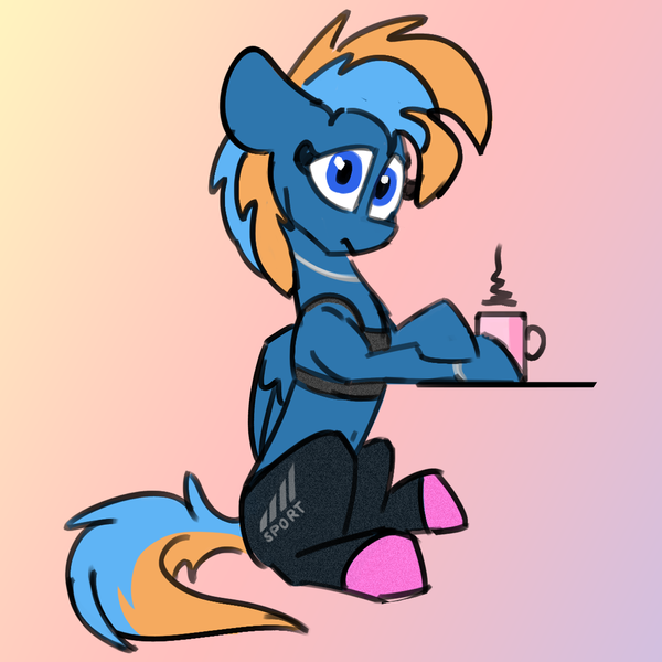 Size: 2160x2160 | Tagged: safe, artist:hyper dash, derpibooru import, oc, oc:hyper dash, unofficial characters only, pegasus, pony, clothes, crossed hooves, frown, gradient background, high res, image, leggings, looking at you, mug, png, sitting, solo, table, tanktop