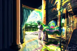 Size: 12000x8000 | Tagged: safe, artist:hyper dash, derpibooru import, princess celestia, alicorn, pony, ^^, absurd file size, absurd resolution, balcony, canterlot, crepuscular rays, eyes closed, image, impressionism, interior, modern art, morning, png, solo, spread wings, standing, wings