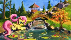 Size: 5526x3159 | Tagged: safe, artist:hyper dash, derpibooru import, fluttershy, fish, koi, pegasus, pony, absurd file size, absurd resolution, alternate hairstyle, bridge, female, gazebo, hairclip, image, lilypad, lying down, mare, park, png, prone, reflection, river, scenery, solo, tree, water