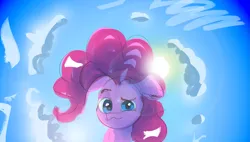 Size: 2263x1284 | Tagged: safe, artist:hyper dash, derpibooru import, pinkie pie, earth pony, pony, cloud, eyebrows, female, floppy ears, image, looking at you, mare, offscreen character, png, pov, raised eyebrow, sky, smiling, smirk, solo, sun, wavy mouth