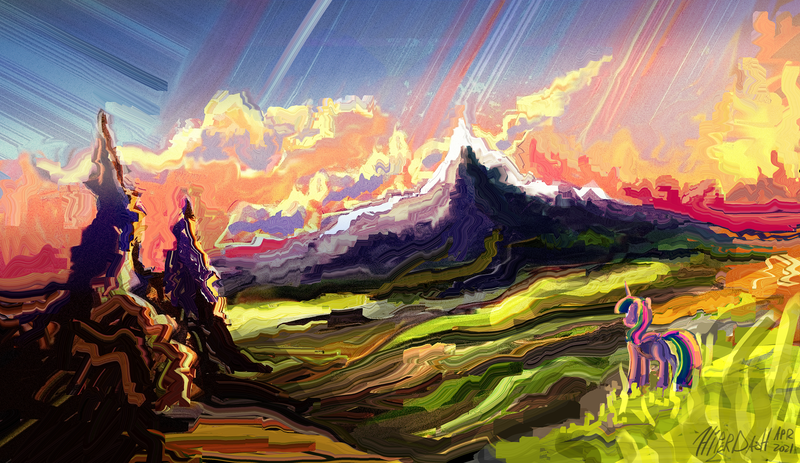 Size: 2535x1466 | Tagged: safe, artist:hyper dash, derpibooru import, twilight sparkle, twilight sparkle (alicorn), alicorn, pony, butt, cloud, female, field, image, impressionism, mare, modern art, mountain, mountain range, plot, png, rear view, scenery, solo, standing, sunset