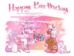 Size: 2560x1919 | Tagged: safe, artist:iamsmileo, derpibooru import, oc, oc:donut daydream, oc:ophelia, unofficial characters only, hippogriff, unicorn, birthday, cute, image, png, present, simple background, transparent background
