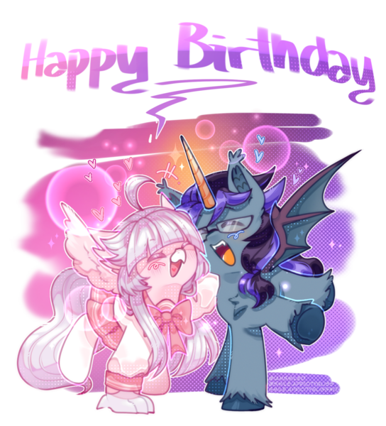 Size: 1602x1768 | Tagged: safe, artist:iamsmileo, derpibooru import, oc, oc:count patagium, oc:ophelia, unofficial characters only, alicorn, bat pony, bat pony alicorn, hippogriff, bat wings, birthday, cute, horn, image, png, simple background, transparent background, wings