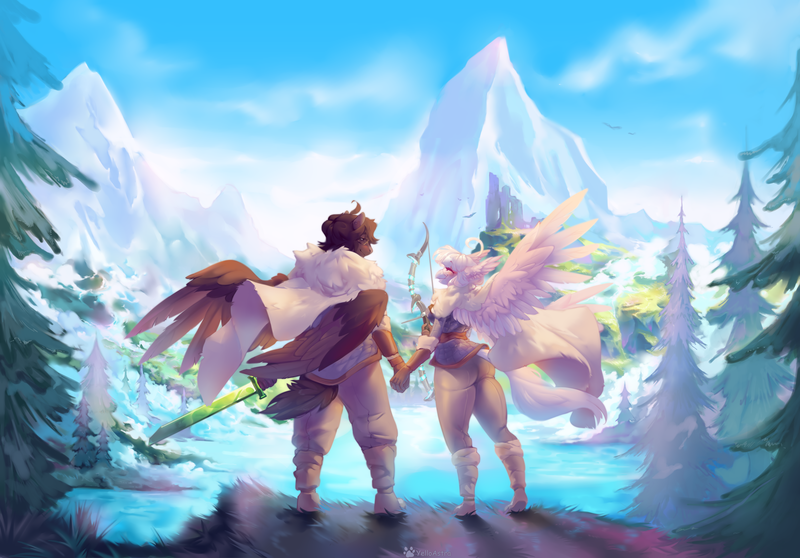 Size: 6539x4560 | Tagged: safe, artist:yelloastra, derpibooru import, oc, oc:ophelia, anthro, hippogriff, pegasus, arrow, bow (weapon), bow and arrow, forest, holding hands, image, mountain, nature, png, scenery, sword, tree, valheim, weapon