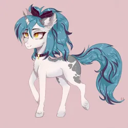Size: 1500x1500 | Tagged: safe, artist:hysteriana, derpibooru import, oc, oc:evening lake, pony, unicorn, amber eyes, blank flank, blue mane, bow, chest fluff, choker, collar, cute, digital art, ear fluff, eyebrows, female, full body, hair bow, hooves, horn, image, light skin, long tail, looking up, orange eyes, pink background, png, ponytail, simple background, smiling, solo, solo female, spots, spotted, tail, unshorn fetlocks