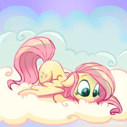 Size: 2048x2048 | Tagged: safe, artist:pfeffaroo, derpibooru import, fluttershy, pegasus, pony, cloud, colored eyebrows, cute, eyebrows, female, floppy ears, g4, high res, image, looking down, lying down, lying on a cloud, mare, on a cloud, outdoors, png, prone, shyabetes, solo, spread wings, wings