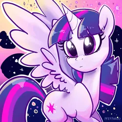 Size: 2048x2048 | Tagged: safe, artist:pfeffaroo, derpibooru import, twilight sparkle, twilight sparkle (alicorn), alicorn, pony, abstract background, female, frown, g4, high res, horn, image, mare, png, solo, sparkles, spread wings, wings
