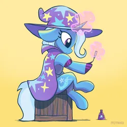 Size: 2048x2048 | Tagged: safe, artist:pfeffaroo, derpibooru import, trixie, pony, unicorn, cape, clothes, crate, crossed legs, cute, female, floppy ears, g4, glow, glowing horn, gradient background, hat, high res, hoof polish, horn, image, levitation, magic, magic aura, mare, png, signature, simple background, sitting, solo, telekinesis, trixie's cape, trixie's hat, wizard hat, yellow background
