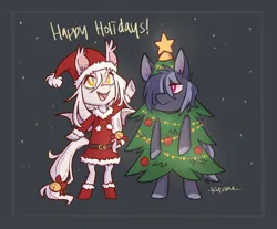Size: 1280x1059 | Tagged: safe, artist:kazunekomori, derpibooru import, oc, unofficial characters only, bat pony, pony, bat pony oc, bat wings, christmas, christmas tree, clothes, costume, duo, holiday, image, jpeg, santa costume, tree, wings