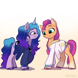 Size: 2136x2136 | Tagged: safe, artist:pfeffaroo, derpibooru import, izzy moonbow, sunny starscout, earth pony, pony, unicorn, g5, clothes, colored eyebrows, cute, duo, duo female, eyebrows, fake wings, female, high res, hoodie, horn, image, izzybetes, looking at someone, mare, png, princess celestia's cutie mark, princess luna's cutie mark, signature, smiling, sunnybetes, unshorn fetlocks