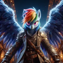 Size: 4096x4096 | Tagged: safe, ai content, derpibooru import, machine learning generated, rainbow dash, assassin, assassin's creed, clothes, g4, generator:dall-e 3, image, looking at you, multicolored hair, pink eyes, png, rainbow hair, spread wings, suit, weapon, wings