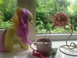 Size: 3264x2448 | Tagged: safe, artist:hysteriana, derpibooru import, fluttershy, pegasus, pony, aesthetics, blank flank, cup, flower, food, image, irl, jpeg, looking at something, nature, petals, photo, plushie, summer, tea, teacup, toy, window