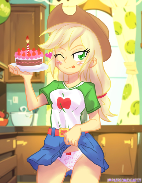 Size: 3090x4000 | Tagged: suggestive, artist:dieart77, derpibooru import, applejack, human, equestria girls, ;p, cake, clothes, female, food, happy birthday, image, jpeg, one eye closed, panties, skirt, skirt lift, solo, solo female, tongue out, underwear
